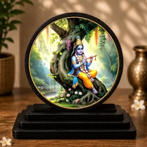 Premium Wooden Lord Krishna Showpiece For Car Dashboard & Office Table | 4 X 4.5 Inch Sublimation Printed Decorative Stand | 4 Mm MDF | Home Decor | Made In India (F33659)