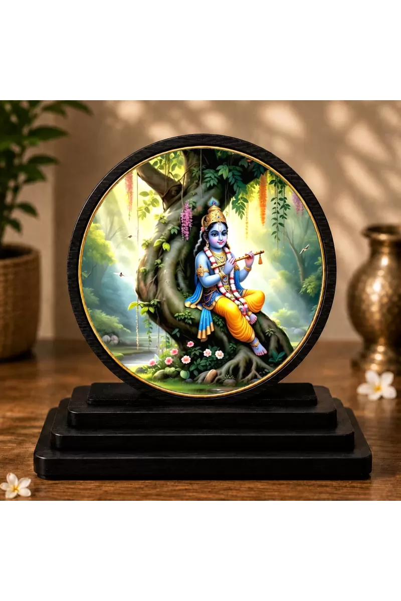 Premium Wooden Lord Krishna Showpiece For Car Dashboard & Office Table | 4 X 4.5 Inch Sublimation Printed Decorative Stand | 4 Mm MDF | Home Decor | Made In India (F33659)