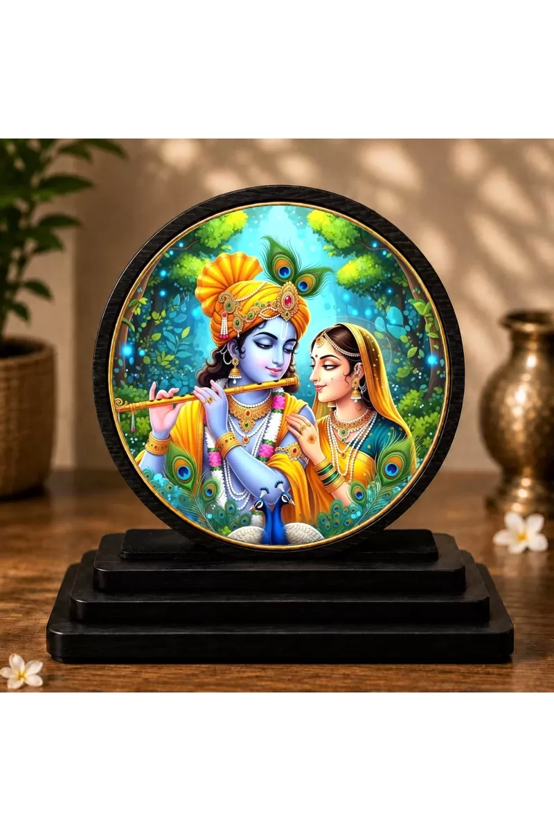 Premium Wooden  Radha Krishna Showpiece For Car Dashboard & Office Table | 4 X 4.5 Inch Sublimation Printed Decorative Stand | 4 Mm MDF | Home Decor | Made In India (F33663)