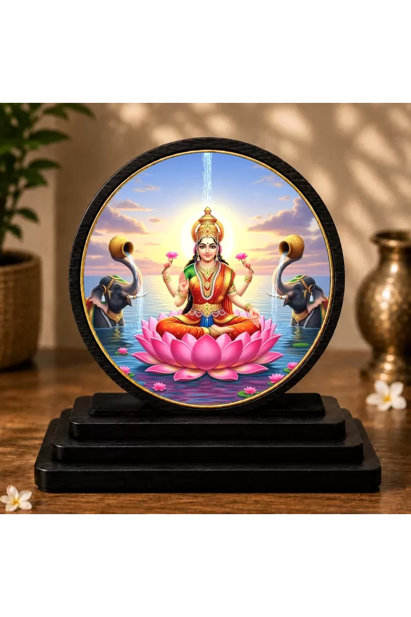 Premium Wooden Goddess Laxmi Showpiece For Car Dashboard & Office Table | 4 X 4.5 Inch Sublimation Printed Decorative Stand | 4 Mm MDF | Home Decor | Made In India (F33665)