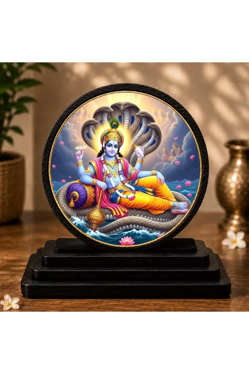 Premium Wooden Lord Vishnu Showpiece For Car Dashboard & Office Table | 4 X 4.5 Inch Sublimation Printed Decorative Stand | 4 Mm MDF | Home Decor | Made In India (F33674)