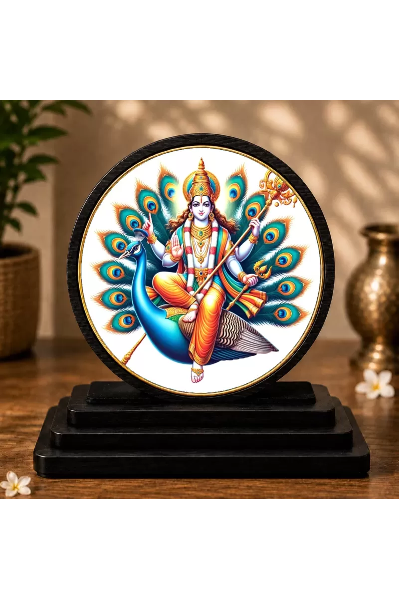 Premium Wooden Lord Kartikeya  Showpiece For Car Dashboard & Office Table | 4 X 4.5 Inch Sublimation Printed Decorative Stand | 4 Mm MDF | Home Decor | Made In India (F33676)