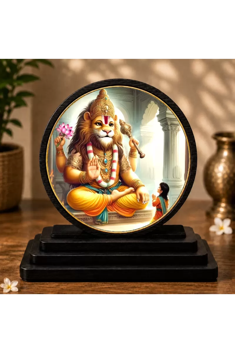 Premium Wooden Lord Narsimha  Showpiece For Car Dashboard & Office Table | 4 X 4.5 Inch Sublimation Printed Decorative Stand | 4 Mm MDF | Home Decor | Made In India (F33677)