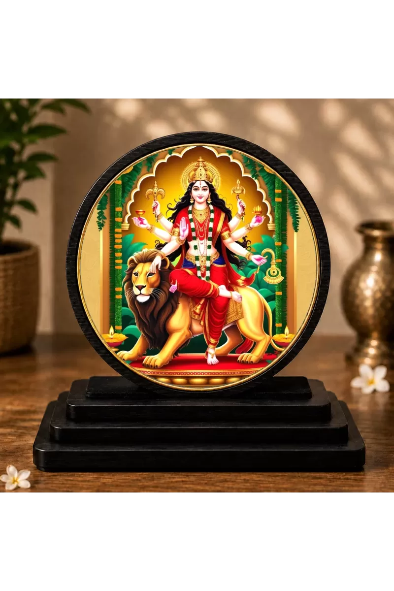 Premium Wooden Goddess Durga Showpiece For Car Dashboard & Office Table | 4 X 4.5 Inch Sublimation Printed Decorative Stand | 4 Mm MDF | Home Decor | Made In India (F33678)