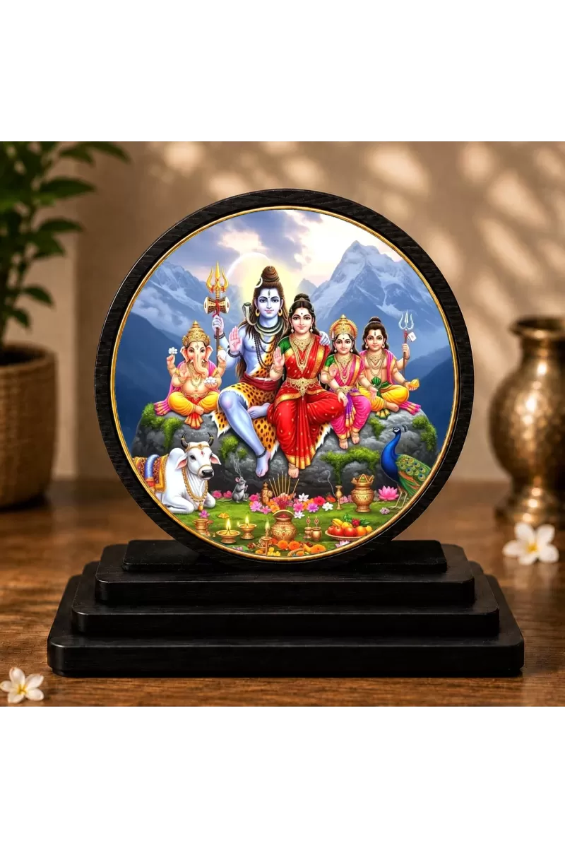 Premium Wooden  Shiv Parivar Showpiece For Car Dashboard & Office Table | 4 X 4.5 Inch Sublimation Printed Decorative Stand | 4 Mm MDF | Home Decor | Made In India (F33681)
