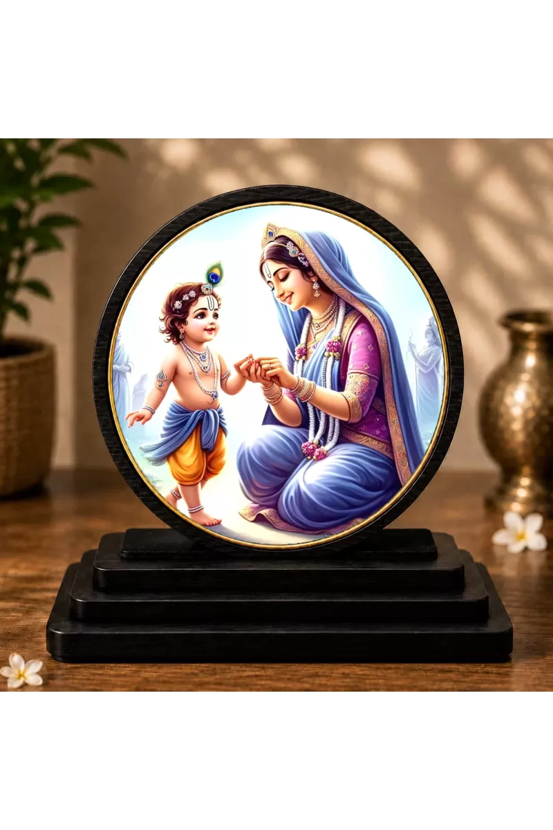 Premium Wooden  Bal Krishna And Yashoda Showpiece For Car Dashboard & Office Table | 4 X 4.5 Inch Sublimation Printed Decorative Stand | 4 Mm MDF | Home Decor | Made In India (F33682)