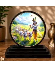 Premium Wooden  Lord Krishna Showpiece For Car Dashboard & Office Table | 4 X 4.5 Inch Sublimation Printed Decorative Stand | 4 Mm MDF | Home Decor | Made In India (F33683)