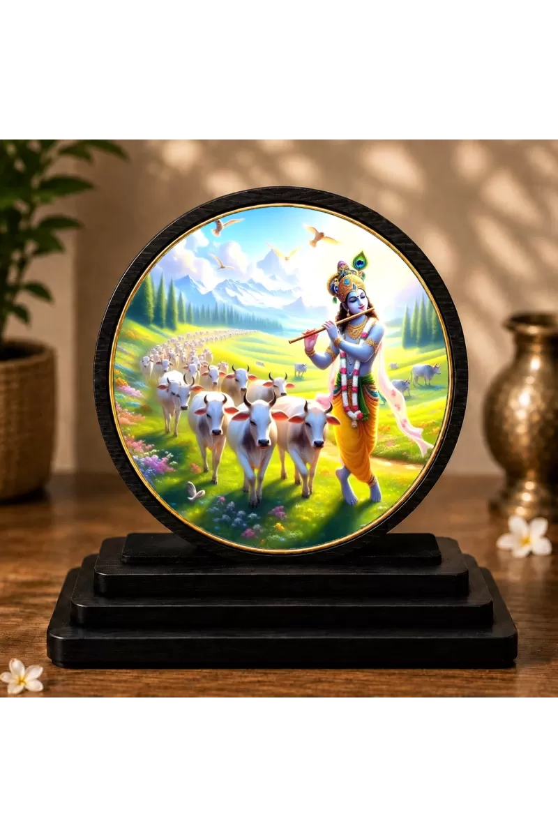 Premium Wooden  Lord Krishna Showpiece For Car Dashboard & Office Table | 4 X 4.5 Inch Sublimation Printed Decorative Stand | 4 Mm MDF | Home Decor | Made In India (F33683)