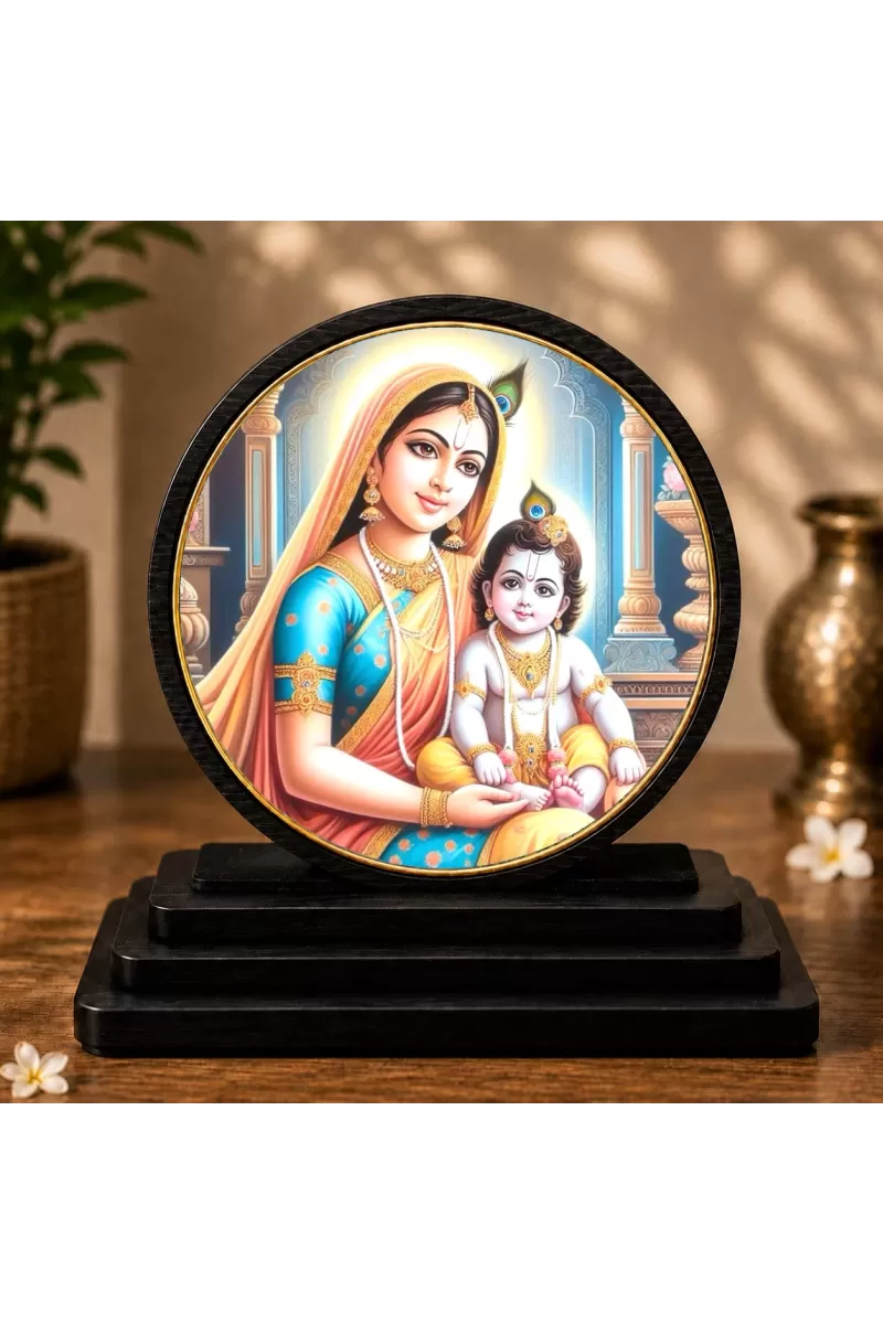 Premium Wooden Yashoda Maa And Bal Krishna Showpiece For Car Dashboard & Office Table | 4 X 4.5 Inch Sublimation Printed Decorative Stand | 4 Mm MDF | Home Decor | Made In India (F33685)