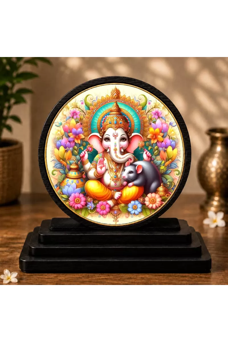 Premium Wooden Lord Ganesha Showpiece For Car Dashboard & Office Table | 4 X 4.5 Inch Sublimation Printed Decorative Stand | 4 Mm MDF | Home Decor | Made In India (F33686)