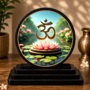 Premium Wooden OM Symbol  Showpiece For Car Dashboard & Office Table | 4 X 4.5 Inch Sublimation Printed Decorative Stand | 4 Mm MDF | Home Decor | Made In India (F33687)