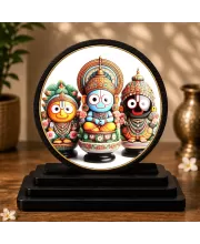 Premium Wooden  Lord Jagannath, Balaram, And Subhadra Showpiece For Car Dashboard & Office Table | 4 X 4.5 Inch Sublimation Printed Decorative Stand | 4 Mm MDF | Home Decor | Made In India (F33689)