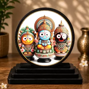 Premium Wooden  Lord Jagannath, Balaram, And Subhadra Showpiece For Car Dashboard & Office Table | 4 X 4.5 Inch Sublimation Printed Decorative Stand | 4 Mm MDF | Home Decor | Made In India (F33689)