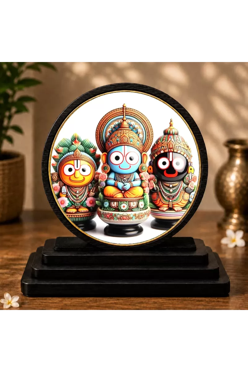 Premium Wooden  Lord Jagannath, Balaram, And Subhadra Showpiece For Car Dashboard & Office Table | 4 X 4.5 Inch Sublimation Printed Decorative Stand | 4 Mm MDF | Home Decor | Made In India (F33689)