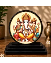 Premium Wooden Ganesh Ji With Ridhi Sidhi Showpiece For Car Dashboard & Office Table | 4 X 4.5 Inch Sublimation Printed Decorative Stand | 4 Mm MDF | Home Decor | Made In India (F33690)