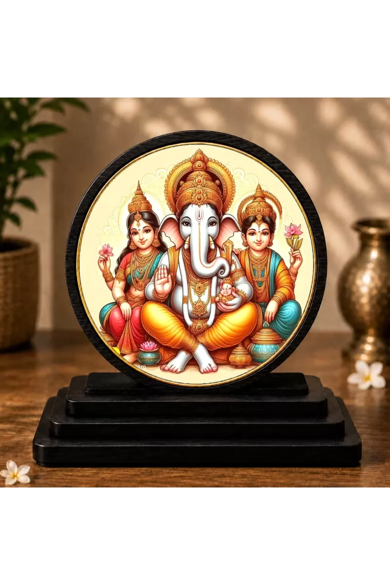 Premium Wooden Ganesh Ji With Ridhi Sidhi Showpiece For Car Dashboard & Office Table | 4 X 4.5 Inch Sublimation Printed Decorative Stand | 4 Mm MDF | Home Decor | Made In India (F33690)