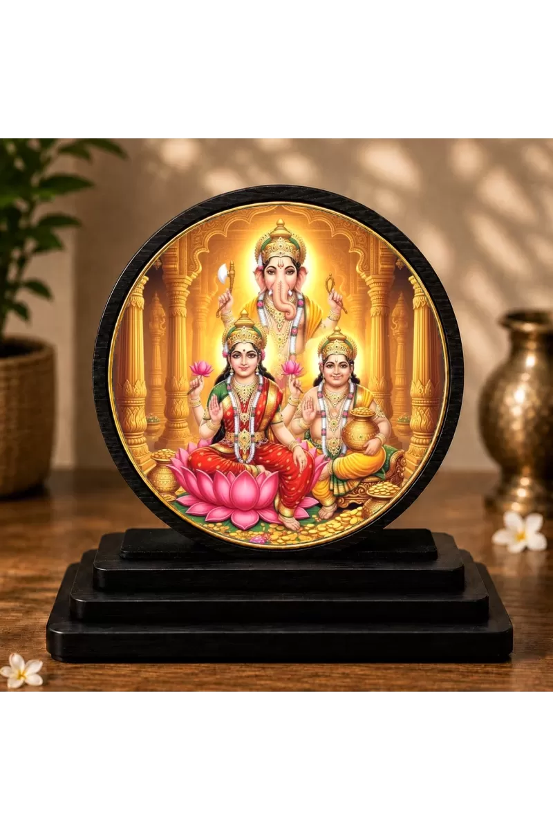 Premium Wooden Lord Ganesh, Maa Laxmi & Lord Kuber Showpiece For Car Dashboard & Office Table | 4 X 4.5 Inch Sublimation Printed Decorative Stand | 4 Mm MDF | Home Decor | Made In India (F33691)