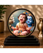 Premium Wooden Bal Krishna Showpiece For Car Dashboard & Office Table | 4 X 4.5 Inch Sublimation Printed Decorative Stand | 4 Mm MDF | Home Decor | Made In India (F33695)