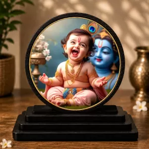 Premium Wooden Bal Krishna Showpiece For Car Dashboard & Office Table | 4 X 4.5 Inch Sublimation Printed Decorative Stand | 4 Mm MDF | Home Decor | Made In India (F33695)