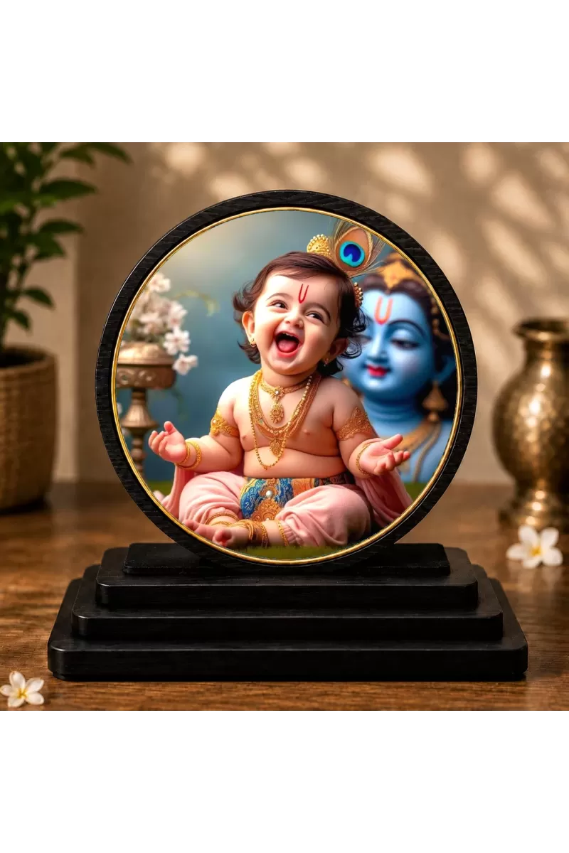 Premium Wooden Bal Krishna Showpiece For Car Dashboard & Office Table | 4 X 4.5 Inch Sublimation Printed Decorative Stand | 4 Mm MDF | Home Decor | Made In India (F33695)
