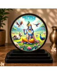 Premium Wooden Lord Krishna Showpiece For Car Dashboard & Office Table | 4 X 4.5 Inch Sublimation Printed Decorative Stand | 4 Mm MDF | Home Decor | Made In India (F33697)