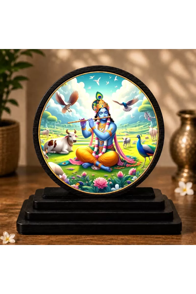 Premium Wooden Lord Krishna Showpiece For Car Dashboard & Office Table | 4 X 4.5 Inch Sublimation Printed Decorative Stand | 4 Mm MDF | Home Decor | Made In India (F33697)
