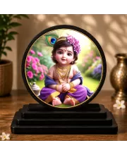 Premium Wooden Bal Krishna Showpiece For Car Dashboard & Office Table | 4 X 4.5 Inch Sublimation Printed Decorative Stand | 4 Mm MDF | Home Decor | Made In India (F33698)