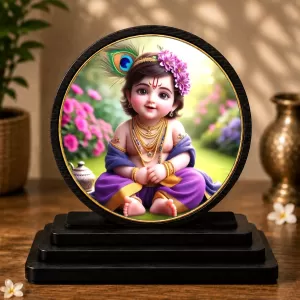 Premium Wooden Bal Krishna Showpiece For Car Dashboard & Office Table | 4 X 4.5 Inch Sublimation Printed Decorative Stand | 4 Mm MDF | Home Decor | Made In India (F33698)