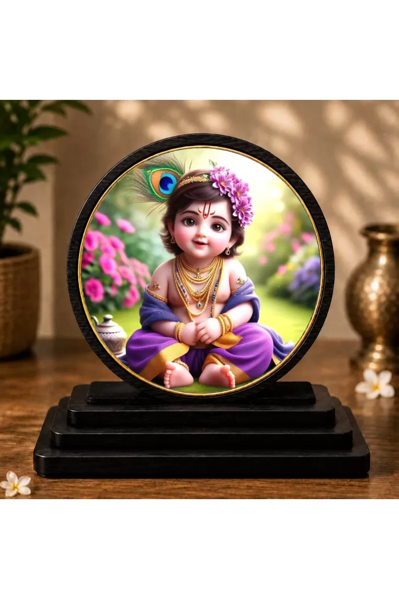 Premium Wooden Bal Krishna Showpiece For Car Dashboard & Office Table | 4 X 4.5 Inch Sublimation Printed Decorative Stand | 4 Mm MDF | Home Decor | Made In India (F33698)