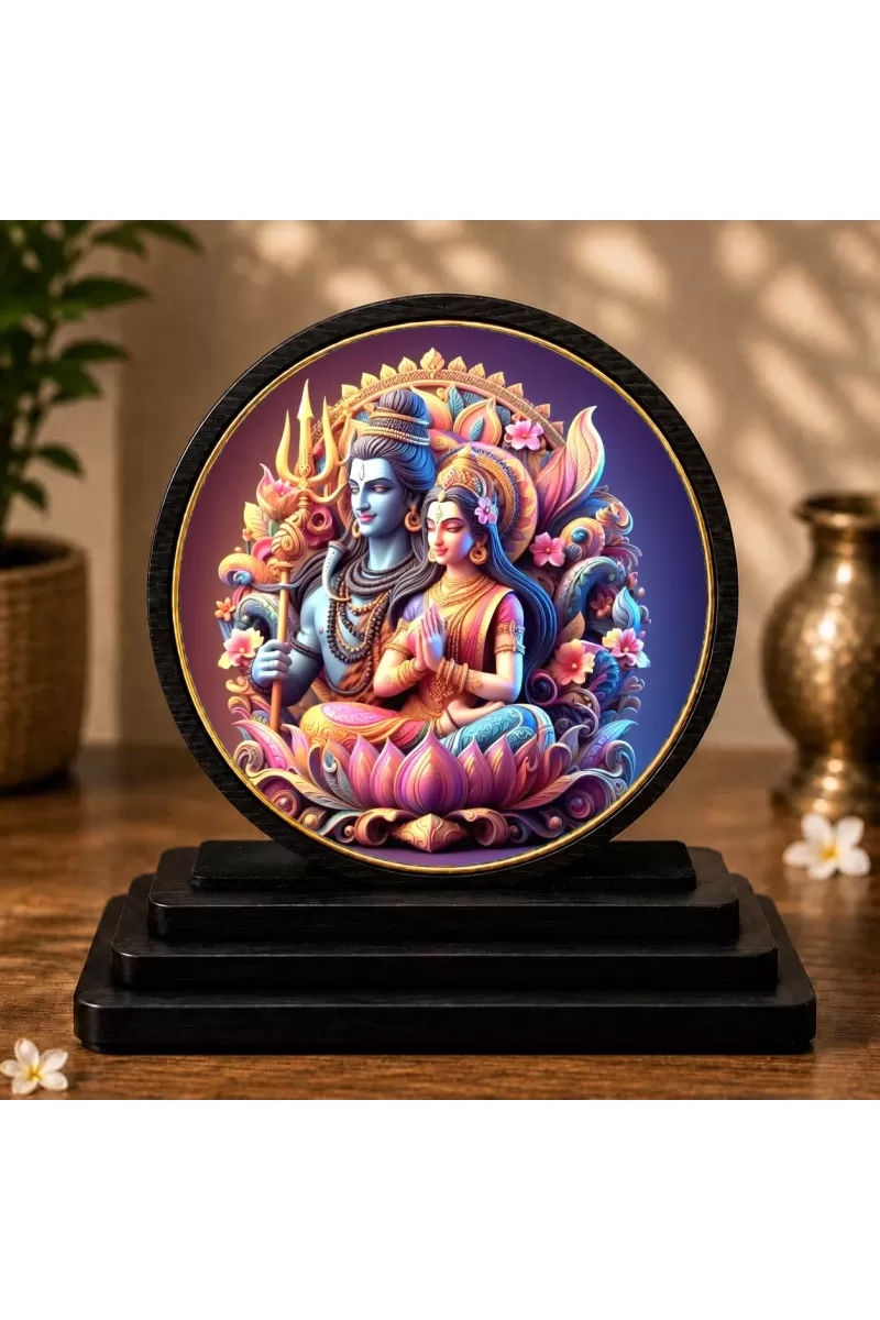 Premium Wooden  Lord Shiva And Goddess Parvati Showpiece For Car Dashboard & Office Table | 4 X 4.5 Inch Sublimation Printed Decorative Stand | 4 Mm MDF | Home Decor | Made In India (F33701)