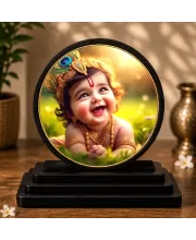 Premium Wooden Bal Krishna Showpiece For Car Dashboard & Office Table | 4 X 4.5 Inch Sublimation Printed Decorative Stand | 4 Mm MDF | Home Decor | Made In India (F33705)