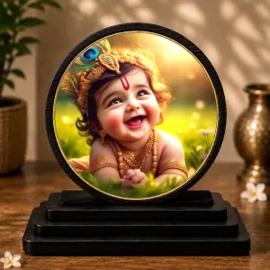 Premium Wooden Bal Krishna Showpiece For Car Dashboard & Office Table | 4 X 4.5 Inch Sublimation Printed Decorative Stand | 4 Mm MDF | Home Decor | Made In India (F33705)