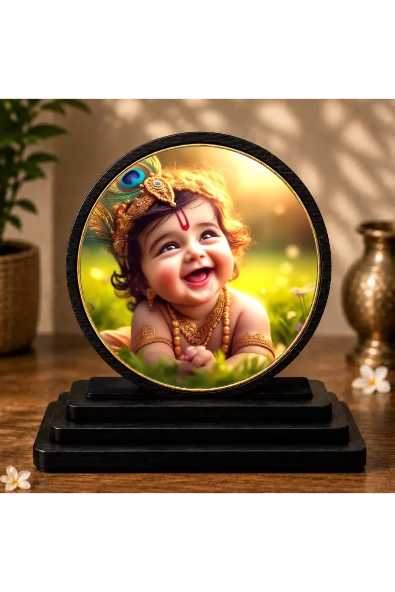 Premium Wooden Bal Krishna Showpiece For Car Dashboard & Office Table | 4 X 4.5 Inch Sublimation Printed Decorative Stand | 4 Mm MDF | Home Decor | Made In India (F33705)