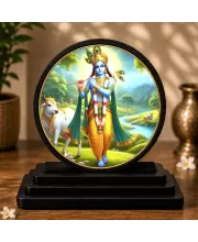 Premium Wooden Lord Krishna Showpiece For Car Dashboard & Office Table | 4 X 4.5 Inch Sublimation Printed Decorative Stand | 4 Mm MDF | Home Decor | Made In India (F33706)