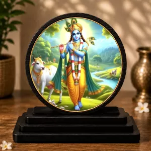 Premium Wooden Lord Krishna Showpiece For Car Dashboard & Office Table | 4 X 4.5 Inch Sublimation Printed Decorative Stand | 4 Mm MDF | Home Decor | Made In India (F33706)
