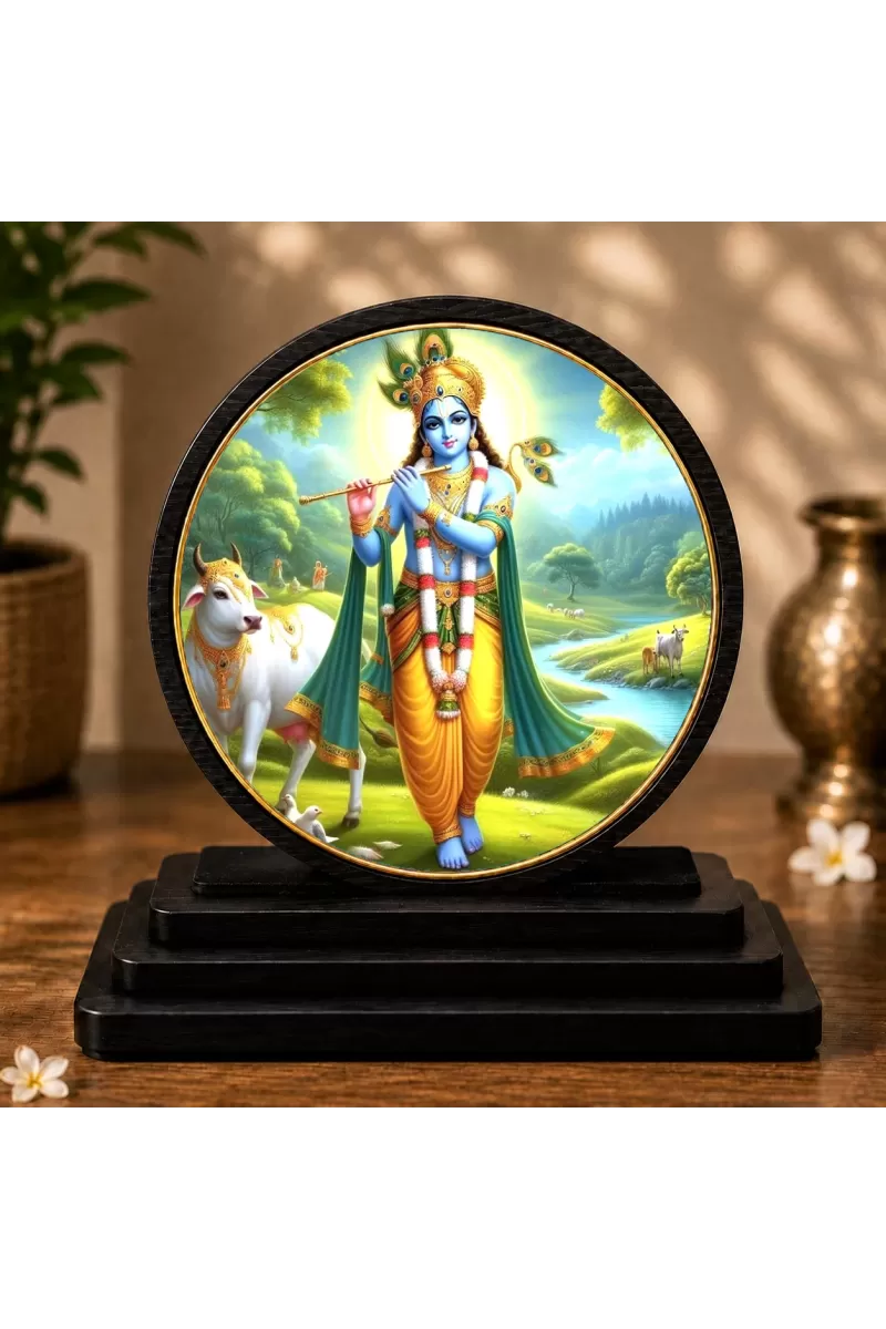Premium Wooden Lord Krishna Showpiece For Car Dashboard & Office Table | 4 X 4.5 Inch Sublimation Printed Decorative Stand | 4 Mm MDF | Home Decor | Made In India (F33706)