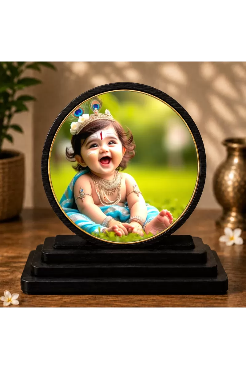 Premium Wooden Bal Krishna Showpiece For Car Dashboard & Office Table | 4 X 4.5 Inch Sublimation Printed Decorative Stand | 4 Mm MDF | Home Decor | Made In India (F33707)