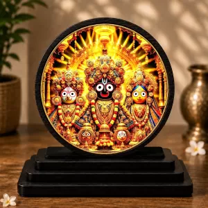 Premium Wooden  Lord Jagannath, Balaram, And Subhadra Showpiece For Car Dashboard & Office Table | 4 X 4.5 Inch Sublimation Printed Decorative Stand | 4 Mm MDF | Home Decor | Made In India (F33708)