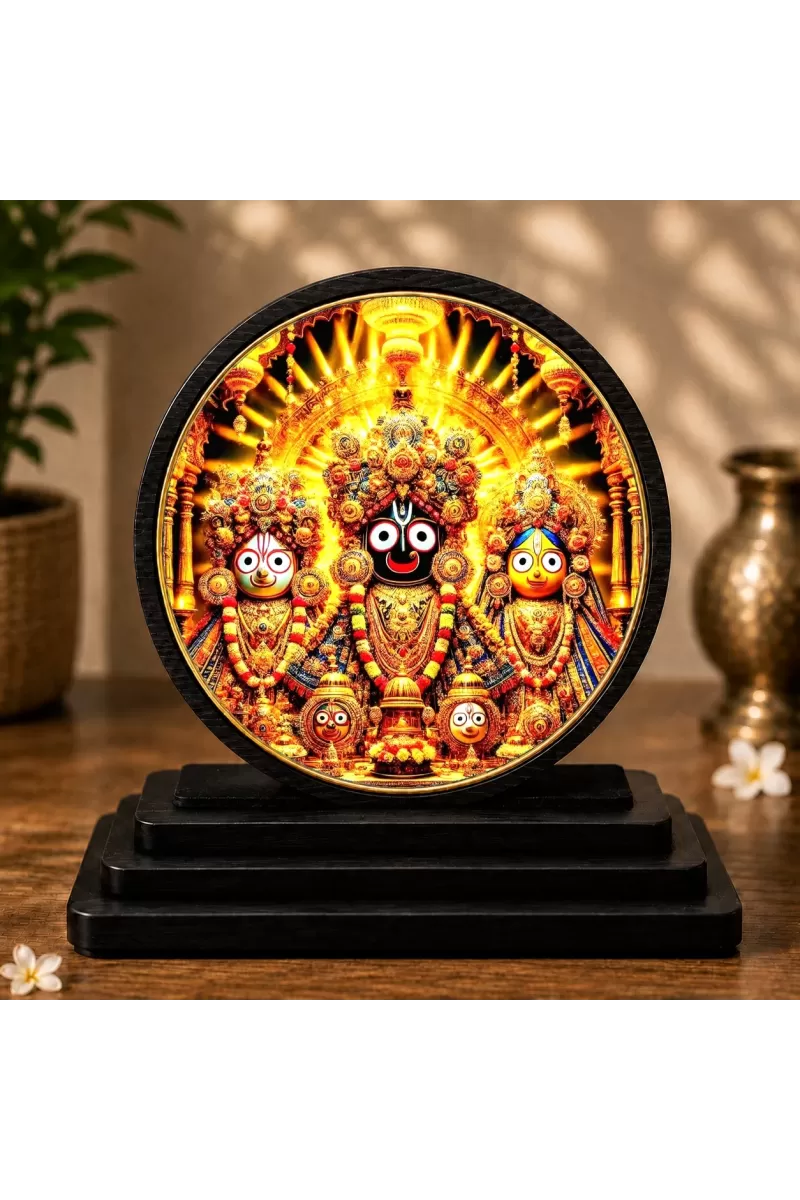 Premium Wooden  Lord Jagannath, Balaram, And Subhadra Showpiece For Car Dashboard & Office Table | 4 X 4.5 Inch Sublimation Printed Decorative Stand | 4 Mm MDF | Home Decor | Made In India (F33708)