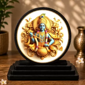 Premium Wooden Lord Krishna Showpiece For Car Dashboard & Office Table | 4 X 4.5 Inch Sublimation Printed Decorative Stand | 4 Mm MDF | Home Decor | Made In India (F33709)
