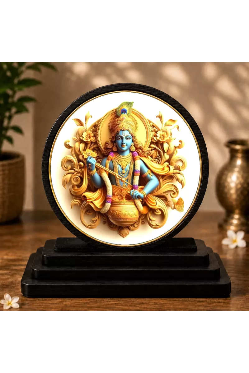 Premium Wooden Lord Krishna Showpiece For Car Dashboard & Office Table | 4 X 4.5 Inch Sublimation Printed Decorative Stand | 4 Mm MDF | Home Decor | Made In India (F33709)