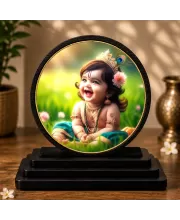 Premium Wooden Bal Krishna Showpiece For Car Dashboard & Office Table | 4 X 4.5 Inch Sublimation Printed Decorative Stand | 4 Mm MDF | Home Decor | Made In India (F33712)