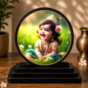 Premium Wooden Bal Krishna Showpiece For Car Dashboard & Office Table | 4 X 4.5 Inch Sublimation Printed Decorative Stand | 4 Mm MDF | Home Decor | Made In India (F33712)