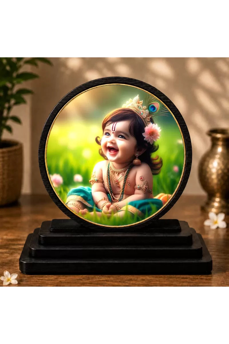 Premium Wooden Bal Krishna Showpiece For Car Dashboard & Office Table | 4 X 4.5 Inch Sublimation Printed Decorative Stand | 4 Mm MDF | Home Decor | Made In India (F33712)