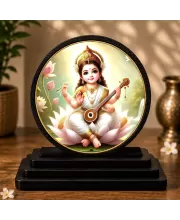 Premium Wooden  Goddess Saraswati Showpiece For Car Dashboard & Office Table | 4 X 4.5 Inch Sublimation Printed Decorative Stand | 4 Mm MDF | Home Decor | Made In India (F33713)