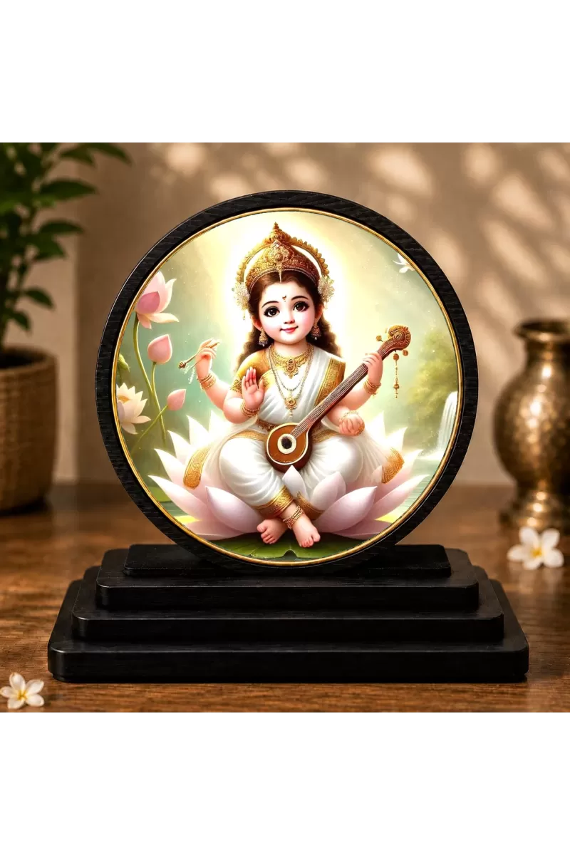 Premium Wooden  Goddess Saraswati Showpiece For Car Dashboard & Office Table | 4 X 4.5 Inch Sublimation Printed Decorative Stand | 4 Mm MDF | Home Decor | Made In India (F33713)