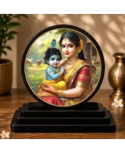 Premium Wooden Bal Krishna With Mata Yashoda Showpiece For Car Dashboard & Office Table | 4 X 4.5 Inch Sublimation Printed Decorative Stand | 4 Mm MDF | Home Decor | Made In India (F33717)