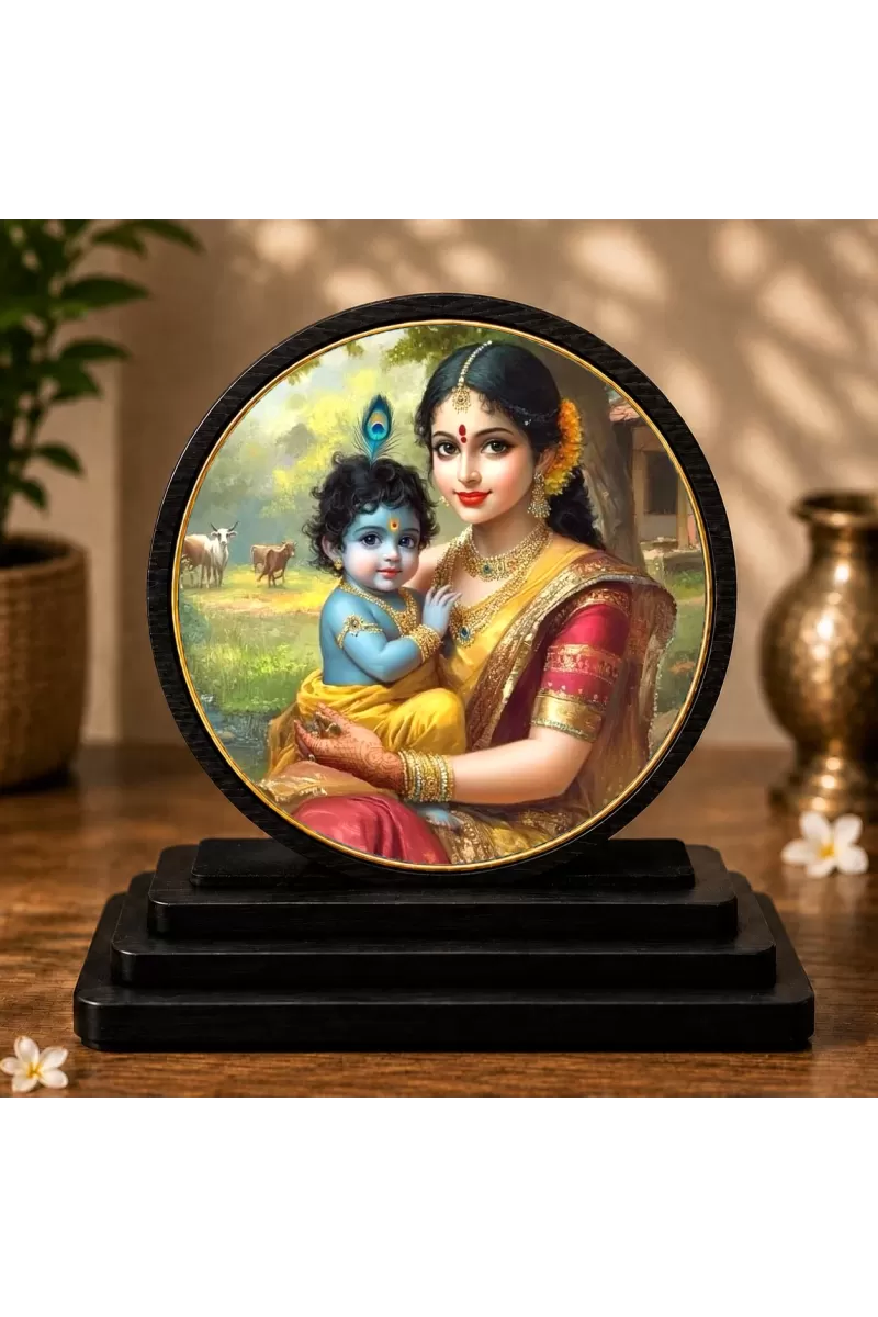 Premium Wooden Bal Krishna With Mata Yashoda Showpiece For Car Dashboard & Office Table | 4 X 4.5 Inch Sublimation Printed Decorative Stand | 4 Mm MDF | Home Decor | Made In India (F33717)