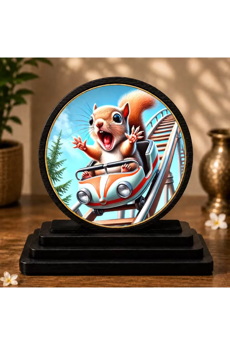 Premium Wooden Squirrel On A Roller Coaster Showpiece For Car Dashboard & Office Table | 4 X 4.5 Inch Sublimation Printed Decorative Stand | 4 Mm MDF | Home Decor | Made In India (F33720)