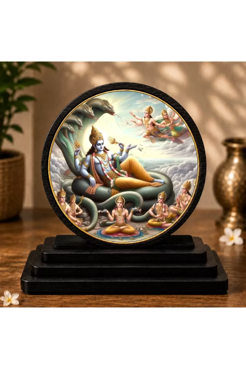 Premium Wooden Lord Vishnu Showpiece For Car Dashboard & Office Table | 4 X 4.5 Inch Sublimation Printed Decorative Stand | 4 Mm MDF | Home Decor | Made In India (F33721)